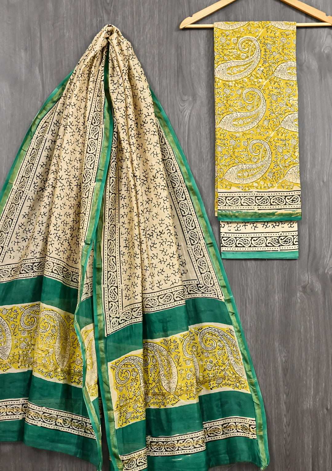 Mint Cream & Emerald Green Paisley Design Bagru Print Chanderi Silk Suit
