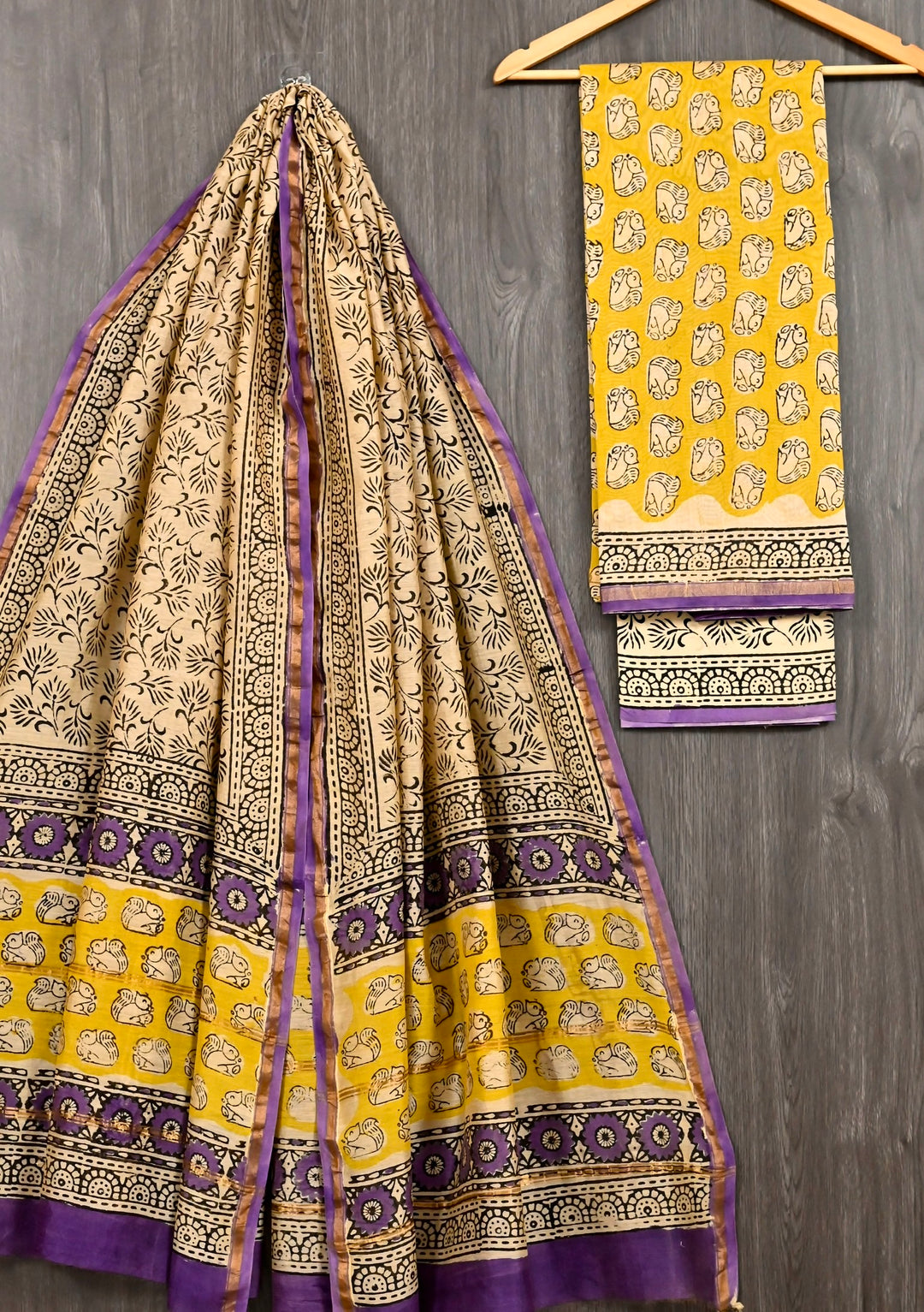 Traditional Mustard & Purple Handblock Printed Chanderi Silk Suit with Squirrel Motif Border