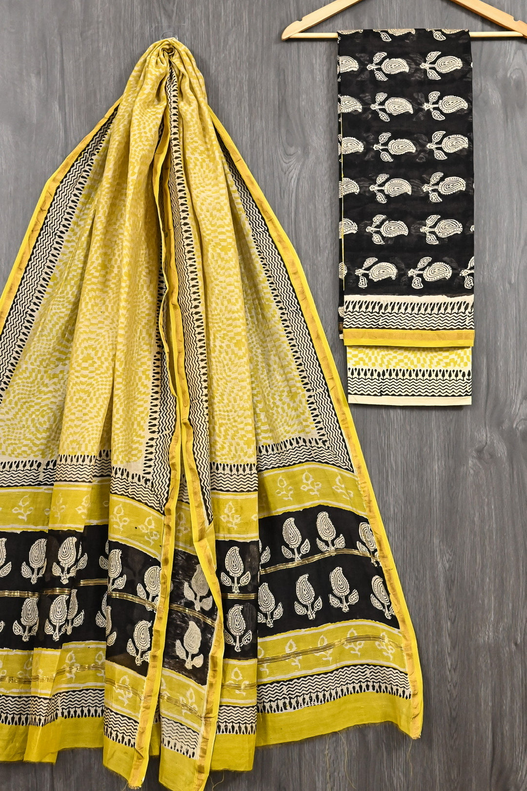 Bold Black & Canary Yellow Bagru Handblock Printed Chanderi Silk 3-Piece Suit
