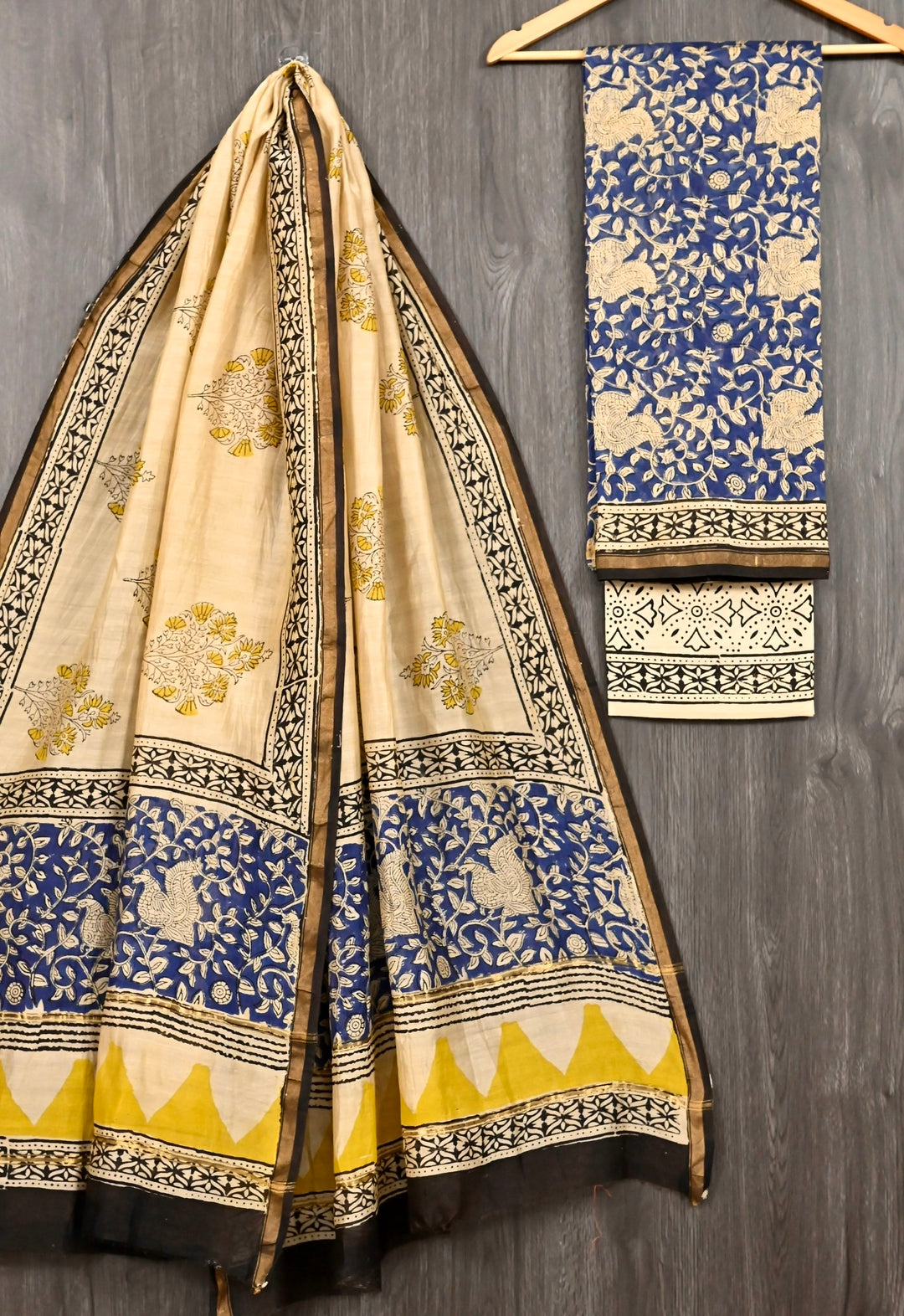 Beige & Royal Blue Pure Chanderi Silk Handblock Printed Suit Set with Bird Motifs