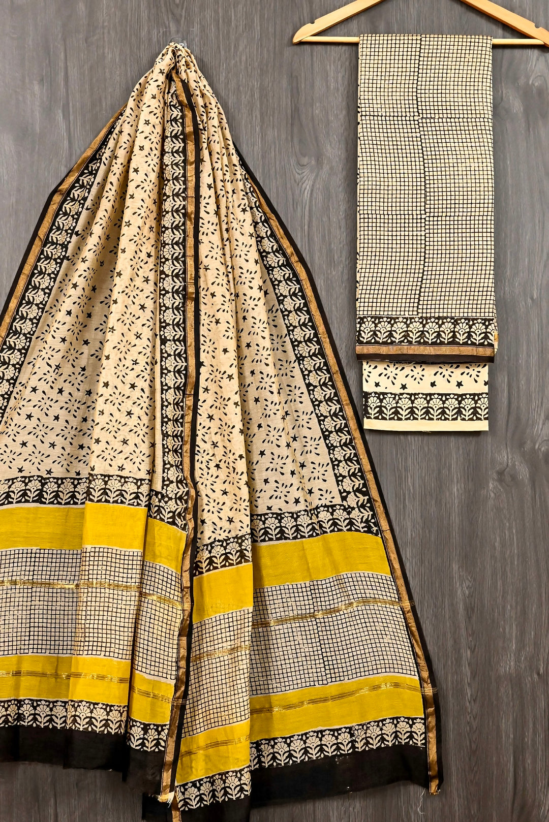 Elegant Cream & Black Jaal Print Pure Chanderi Silk Suit with Mustard Border