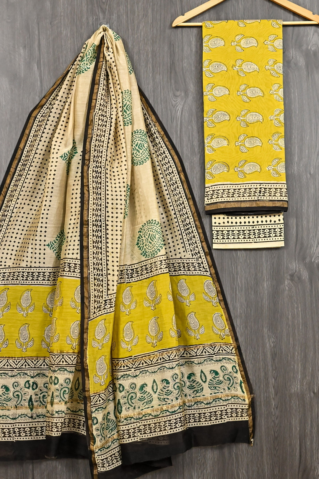 Pure Chanderi Silk Bagru Print Suit in Mustard & Cream with Paisley Motifs