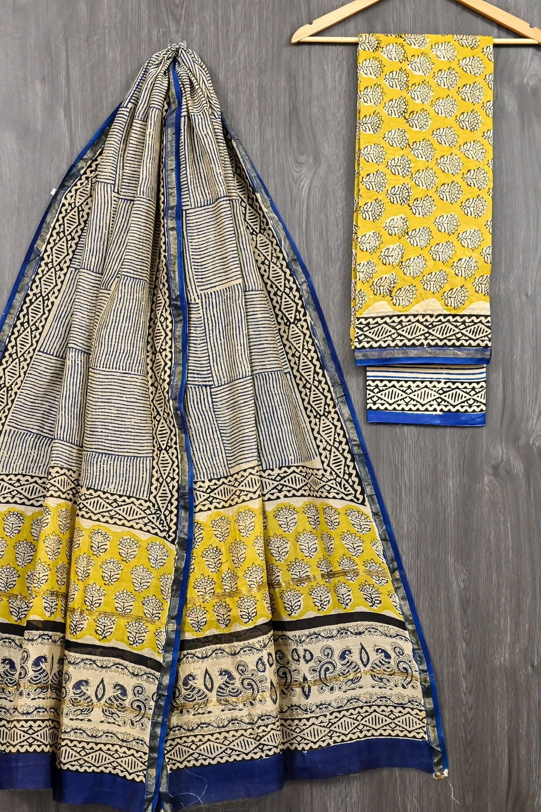 Traditional Yellow & Indigo Blue Bagru Handblock Printed Chanderi Silk Suit