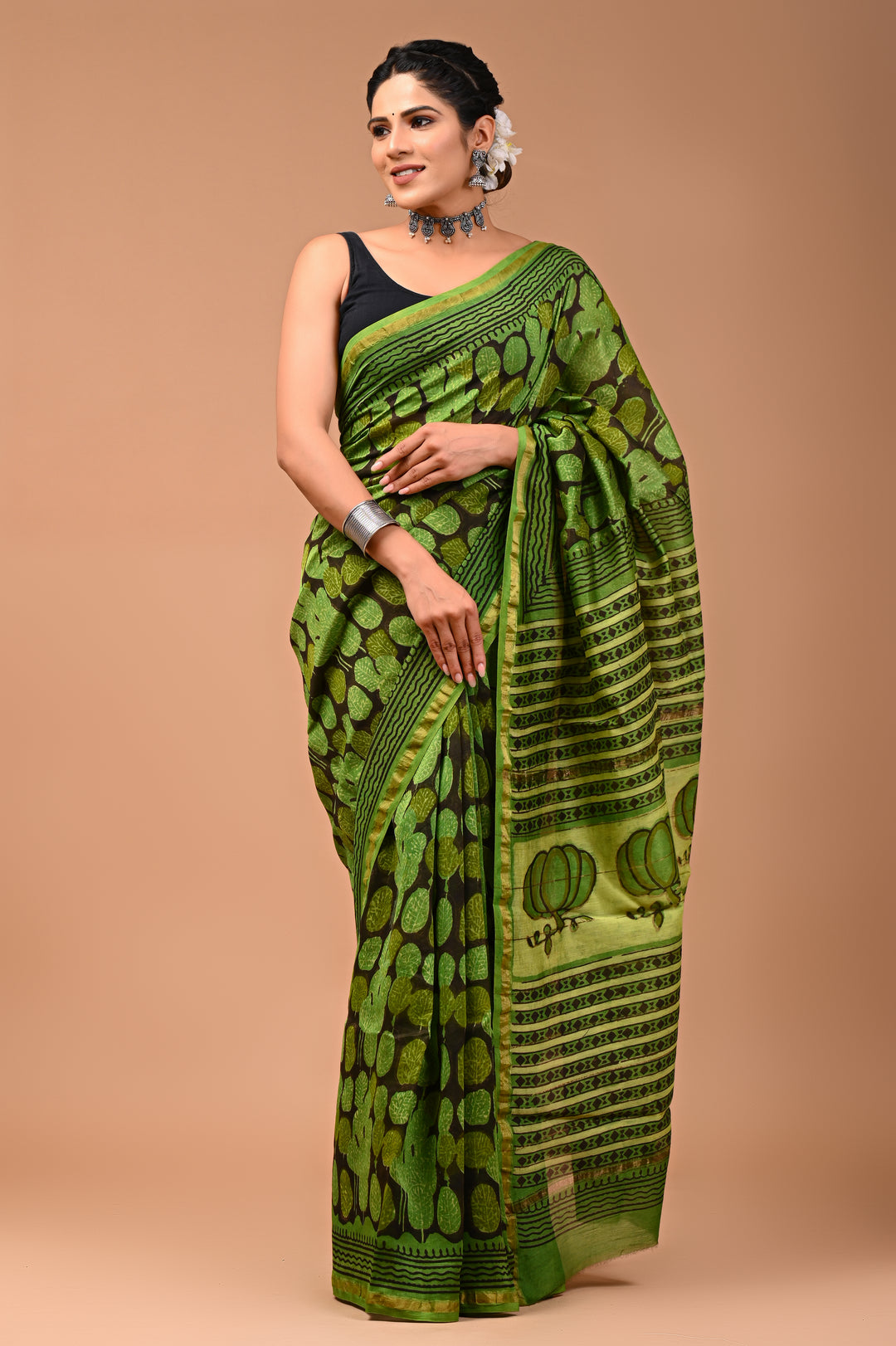 Olive Green & Brown Ajrakh Handblock Printed Chanderi Silk Saree