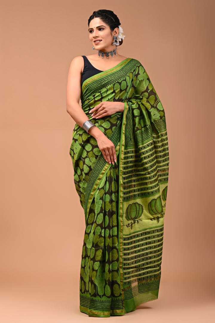 Olive Green & Brown Ajrakh Handblock Printed Chanderi Silk Saree