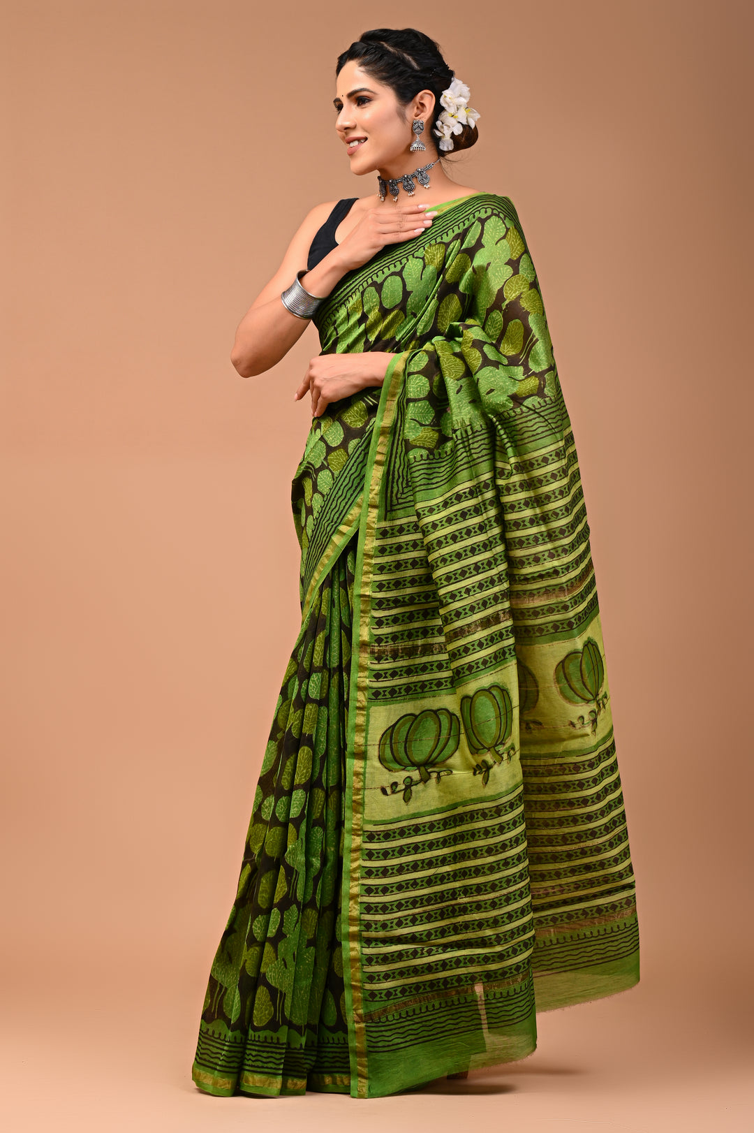 Olive Green & Brown Ajrakh Handblock Printed Chanderi Silk Saree