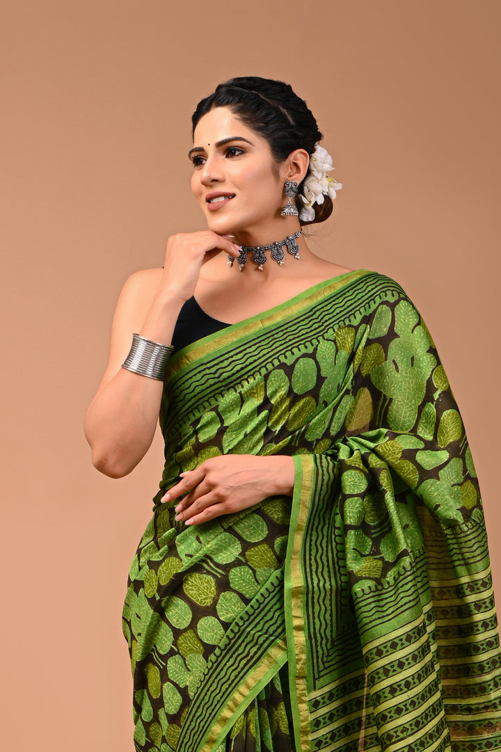 Olive Green & Brown Ajrakh Handblock Printed Chanderi Silk Saree