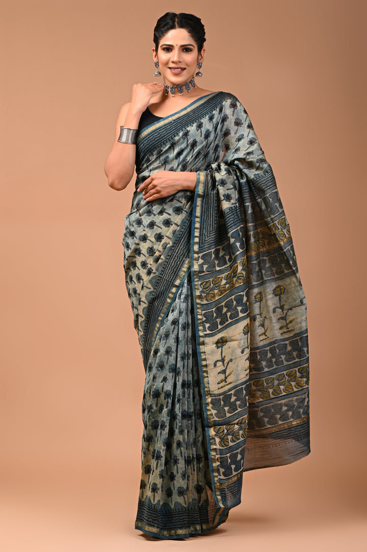 Vintage Grey Chanderi Silk Saree with Traditional Ajrakh Block Prints