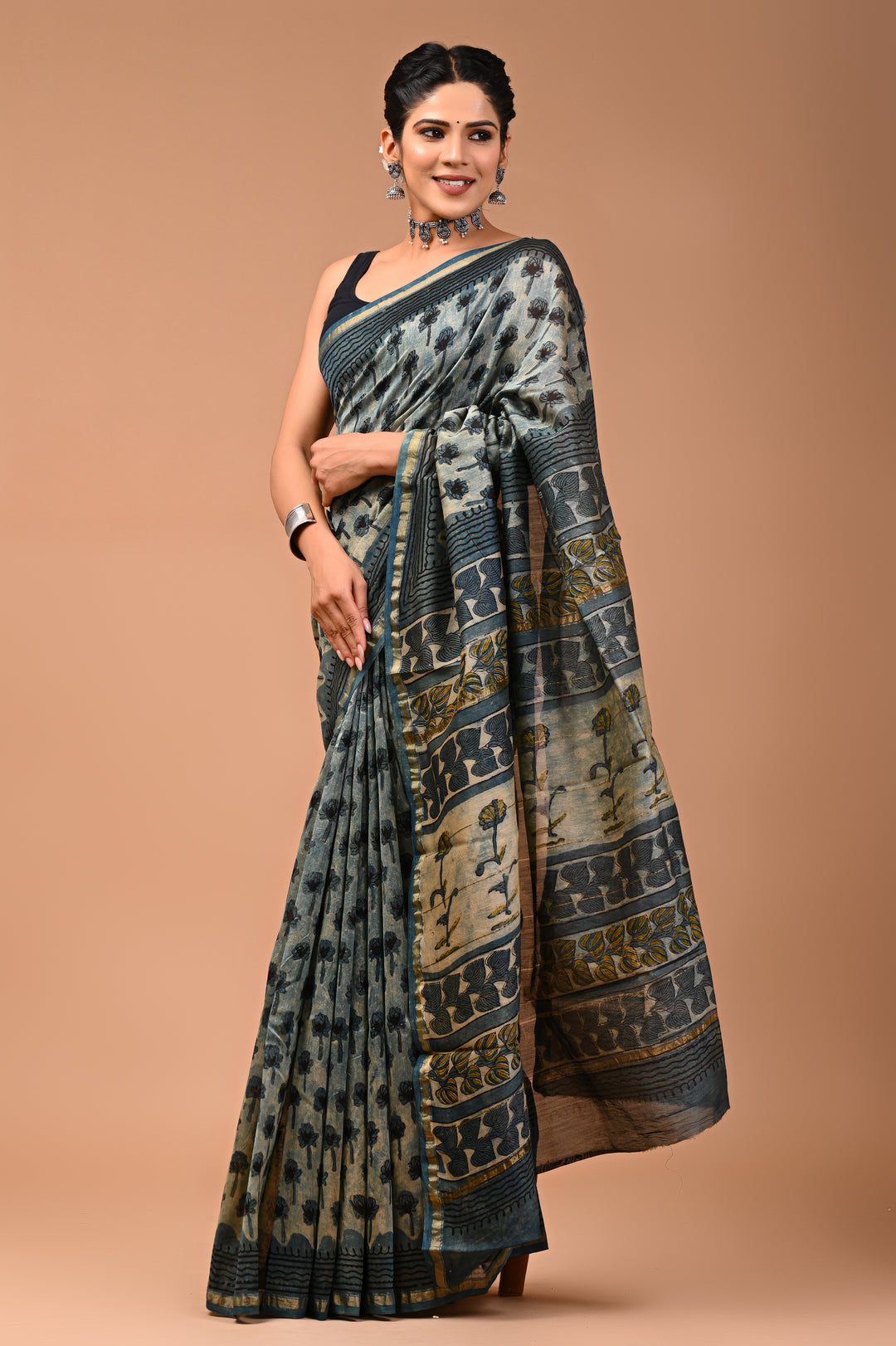 Vintage Grey Chanderi Silk Saree with Traditional Ajrakh Block Prints
