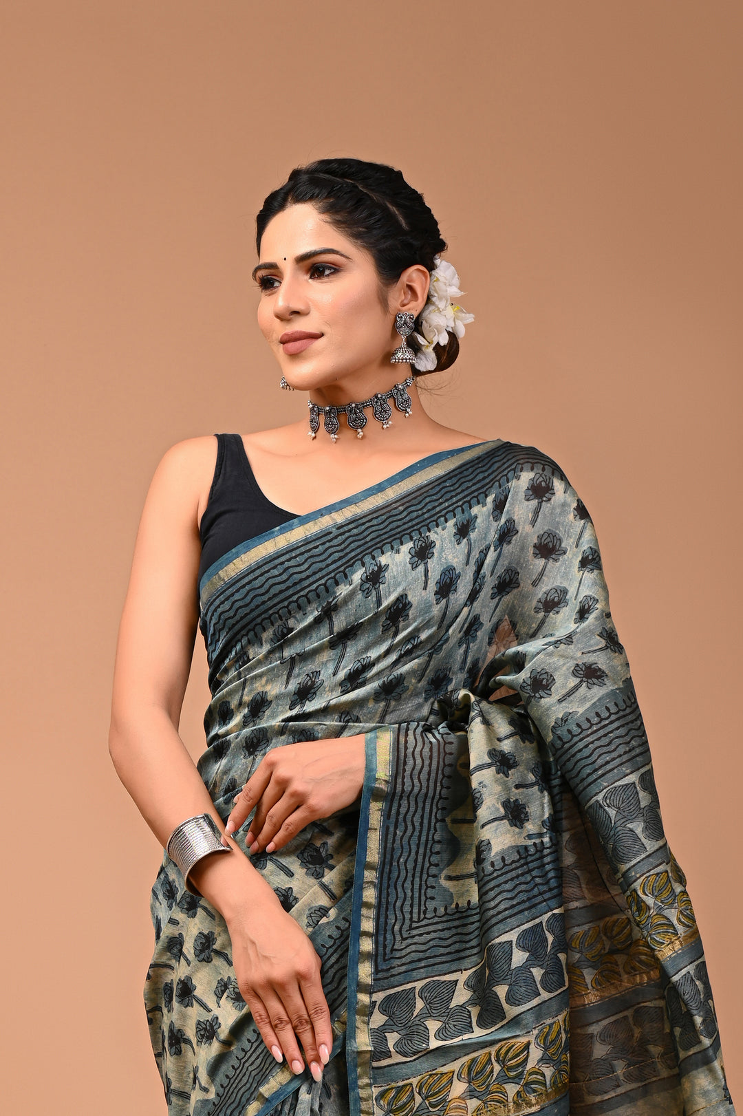 Vintage Grey Chanderi Silk Saree with Traditional Ajrakh Block Prints