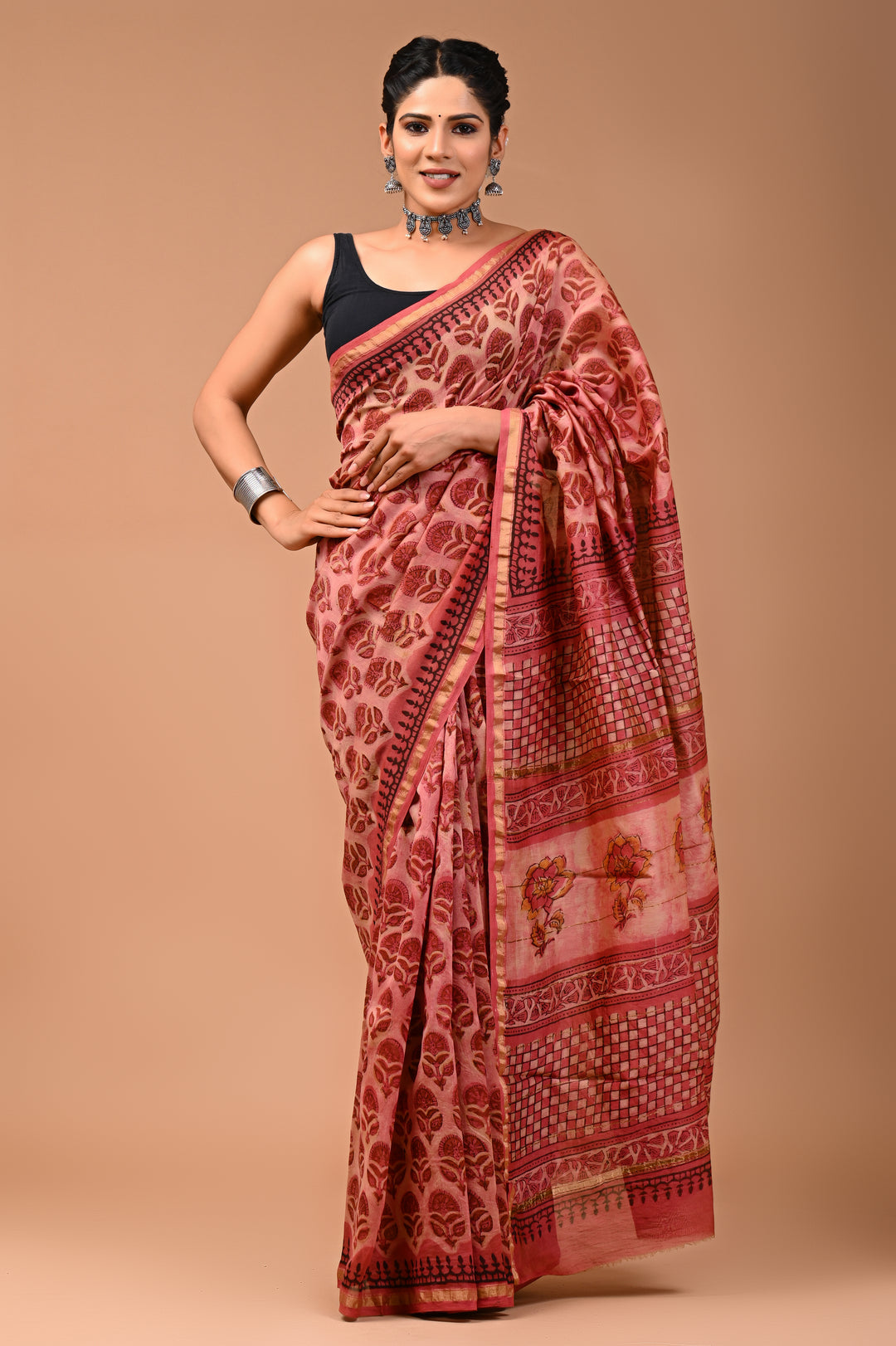 Dusty Rose Pink Chanderi Silk Ajrakh Saree with Intricate Floral Motifs