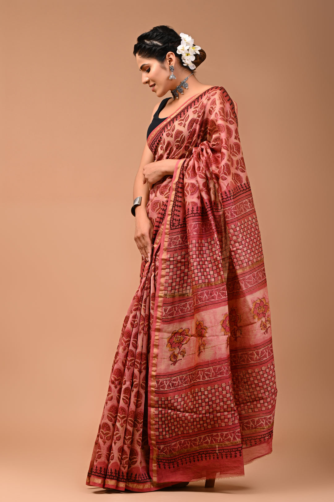 Dusty Rose Pink Chanderi Silk Ajrakh Saree with Intricate Floral Motifs