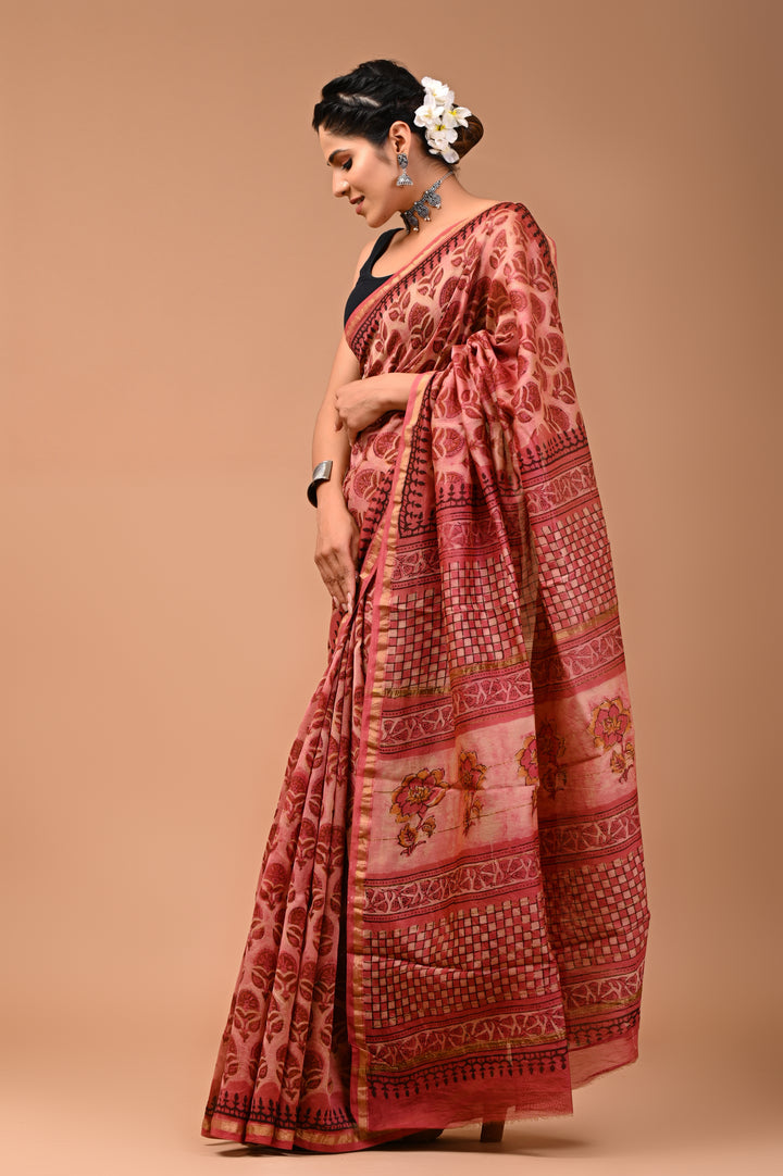Dusty Rose Pink Chanderi Silk Ajrakh Saree with Intricate Floral Motifs