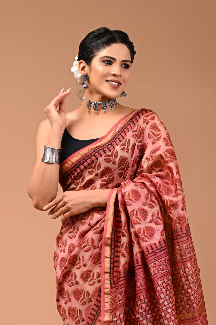 Dusty Rose Pink Chanderi Silk Ajrakh Saree with Intricate Floral Motifs