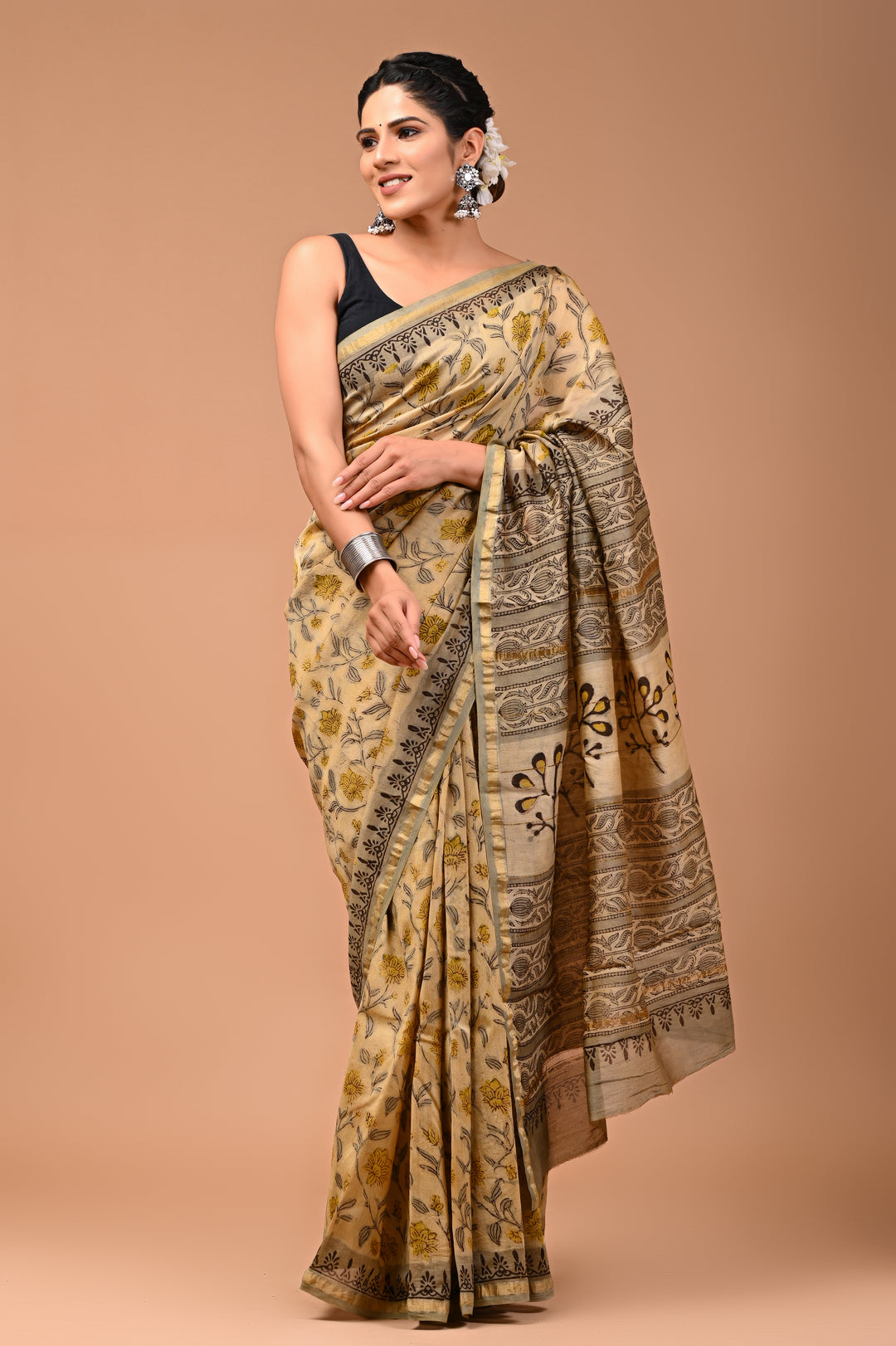 Beige & Mustard Chanderi Silk Ajrakh Printed Saree with Zari Pallu