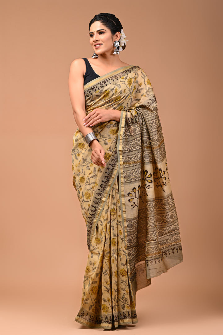 Beige & Mustard Chanderi Silk Ajrakh Printed Saree with Zari Pallu