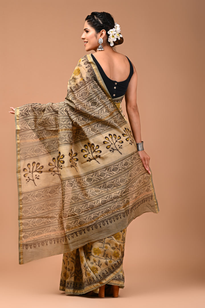 Beige & Mustard Chanderi Silk Ajrakh Printed Saree with Zari Pallu