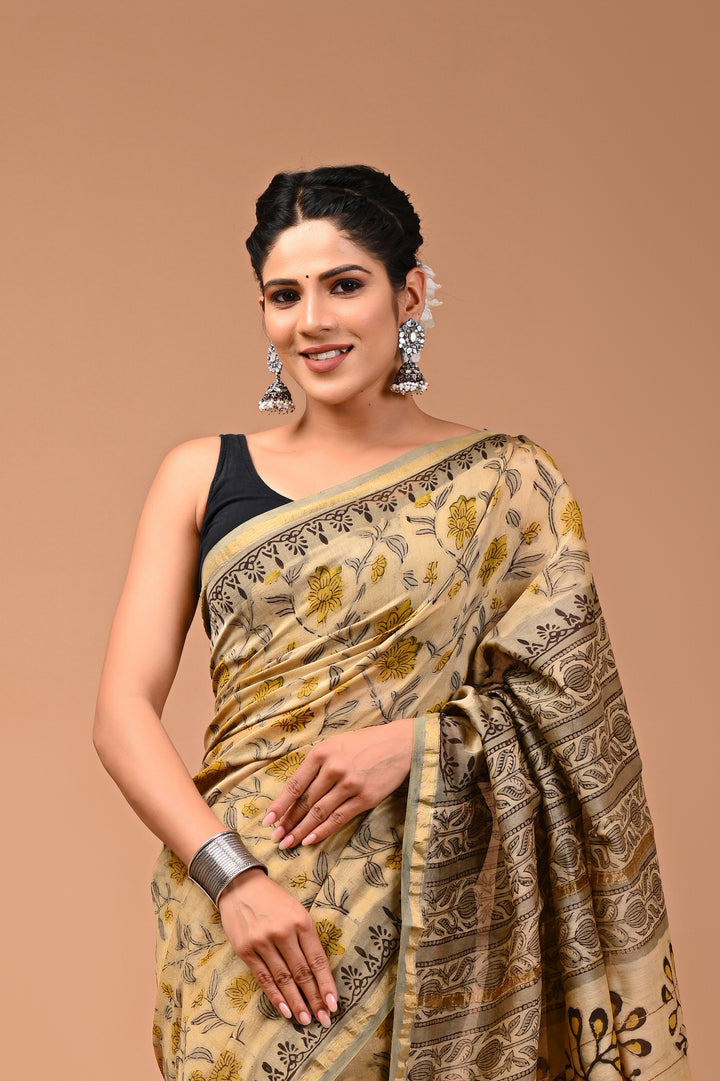 Beige & Mustard Chanderi Silk Ajrakh Printed Saree with Zari Pallu