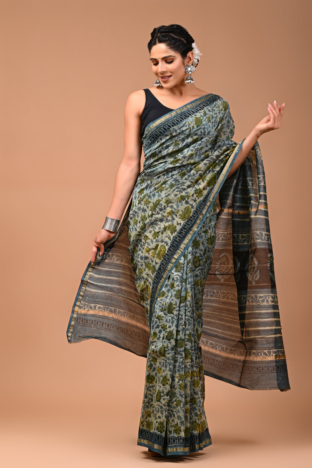 Sage Green & Indigo Chanderi Silk Ajrakh Saree with Artisan Block Prints