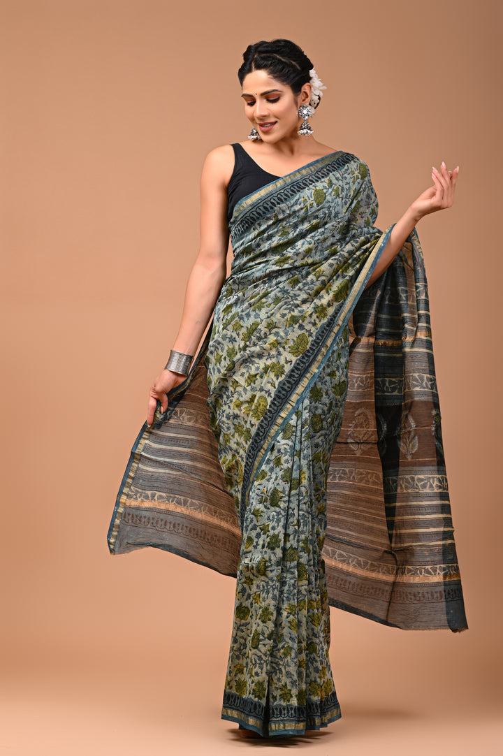 Sage Green & Indigo Chanderi Silk Ajrakh Saree with Artisan Block Prints