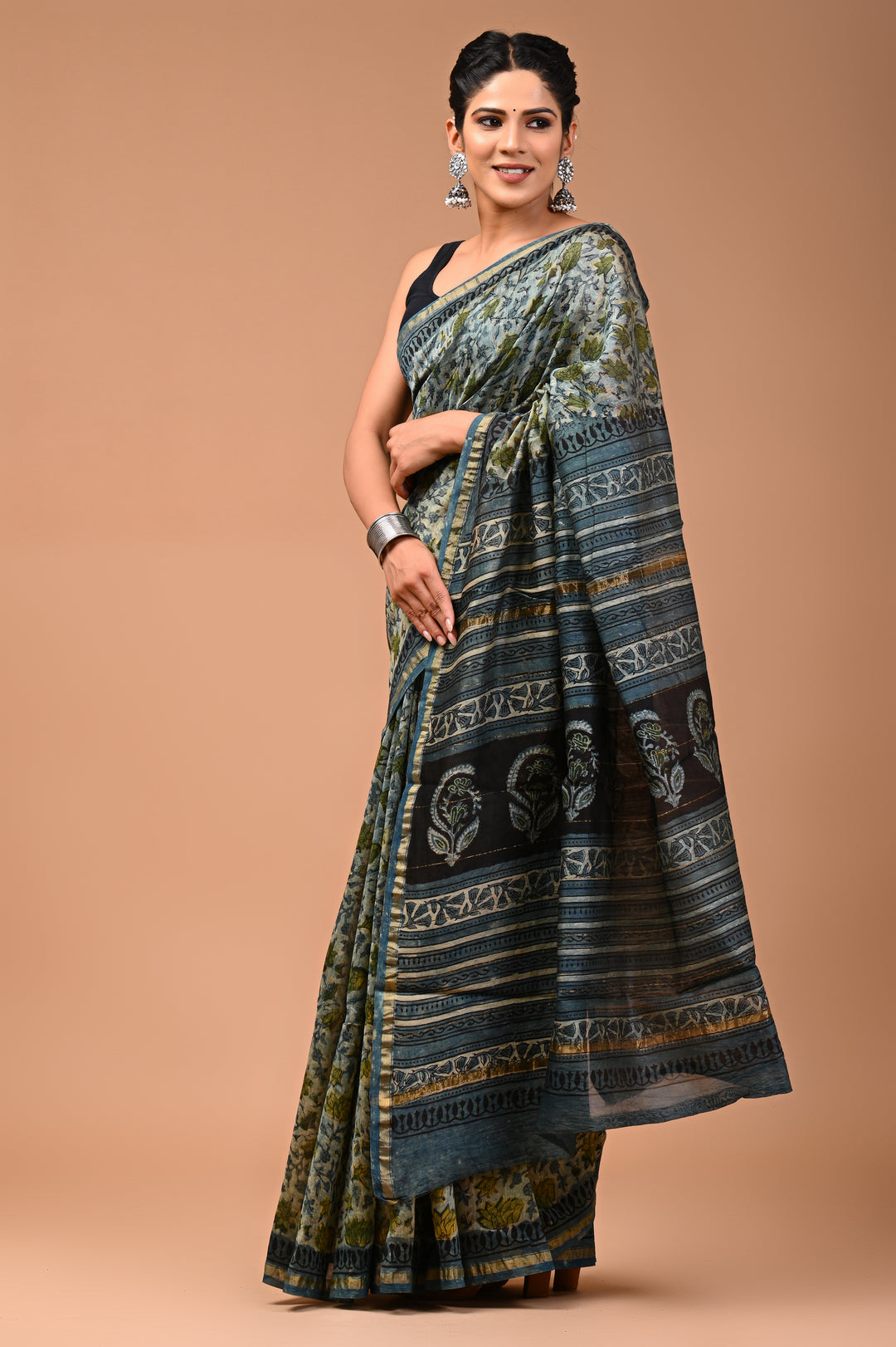Sage Green & Indigo Chanderi Silk Ajrakh Saree with Artisan Block Prints