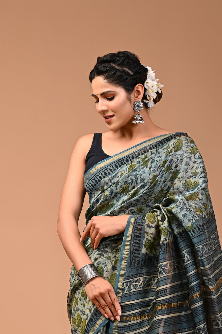 Sage Green & Indigo Chanderi Silk Ajrakh Saree with Artisan Block Prints