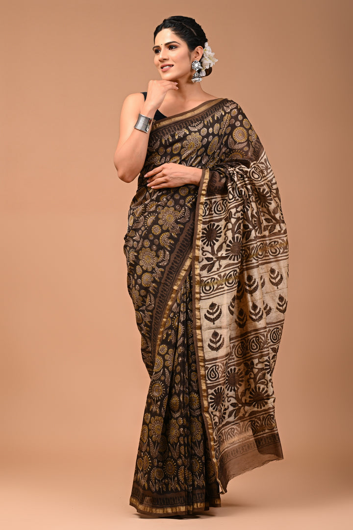 Charcoal Black and Cream Chanderi Silk Ajrakh Handblock Printed Saree