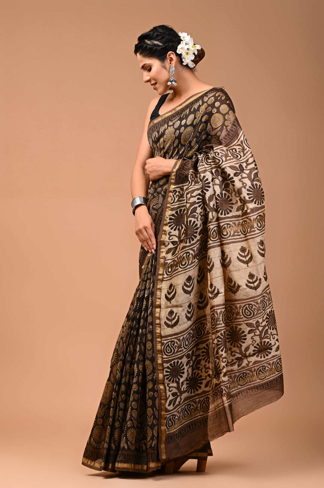 Charcoal Black and Cream Chanderi Silk Ajrakh Handblock Printed Saree