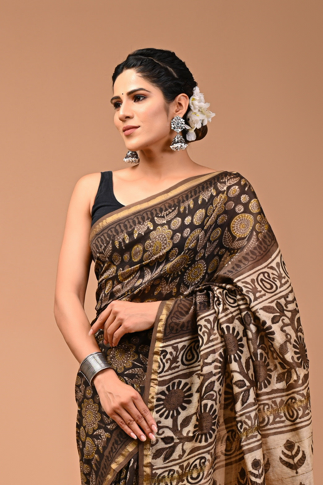 Charcoal Black and Cream Chanderi Silk Ajrakh Handblock Printed Saree