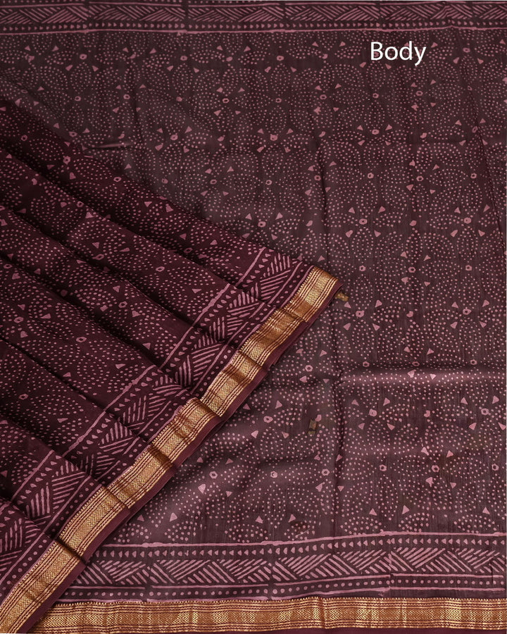 Bandhani Pure Maheshwari Silk Saree Handblock Printed Saree - Chocolate Brown