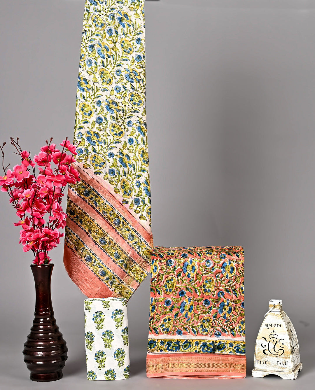 Peach Blue Maheshwari Handblock Printed Silk 3 Piece Suit Set | Soft Floral Ethnic Wear