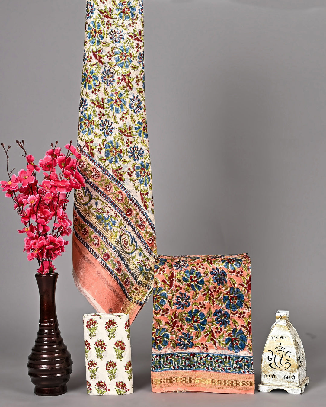 Peach Blue Maheshwari Handblock Printed Silk 3 Piece Suit Set | Soft Floral Ethnic Wear