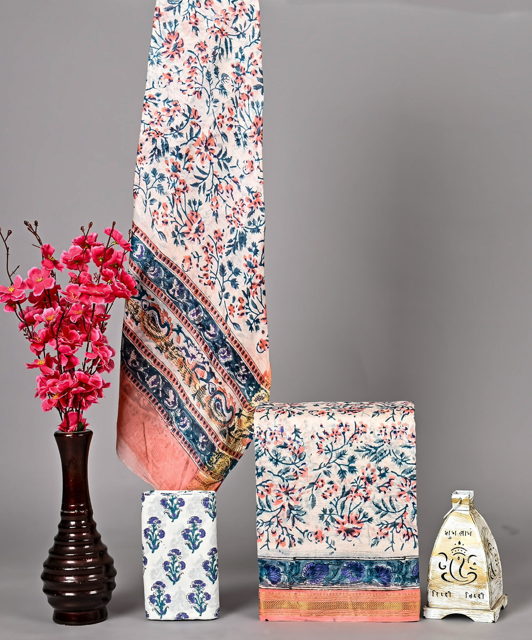 Off-White and Coral Floral Jaal Bagru Handblock Printed Maheshwari Silk Suit