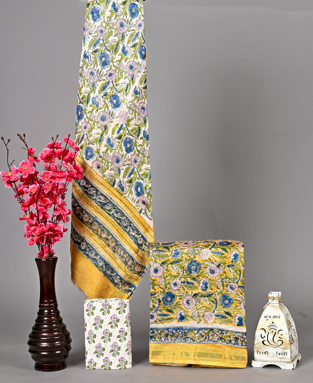 Yellow Maheshwari Handblock Printed Silk 3 Piece Suit Set | Bright Floral Traditional Wear
