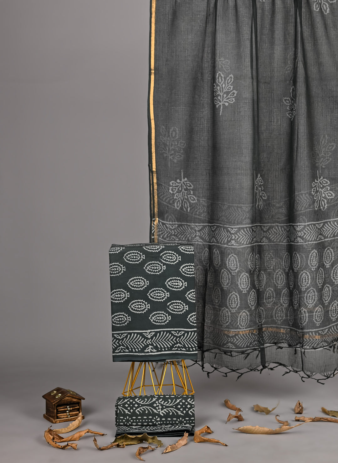 Charcoal Grey Ethnic Print Cotton Suit Set with Kota Doria Dupatta