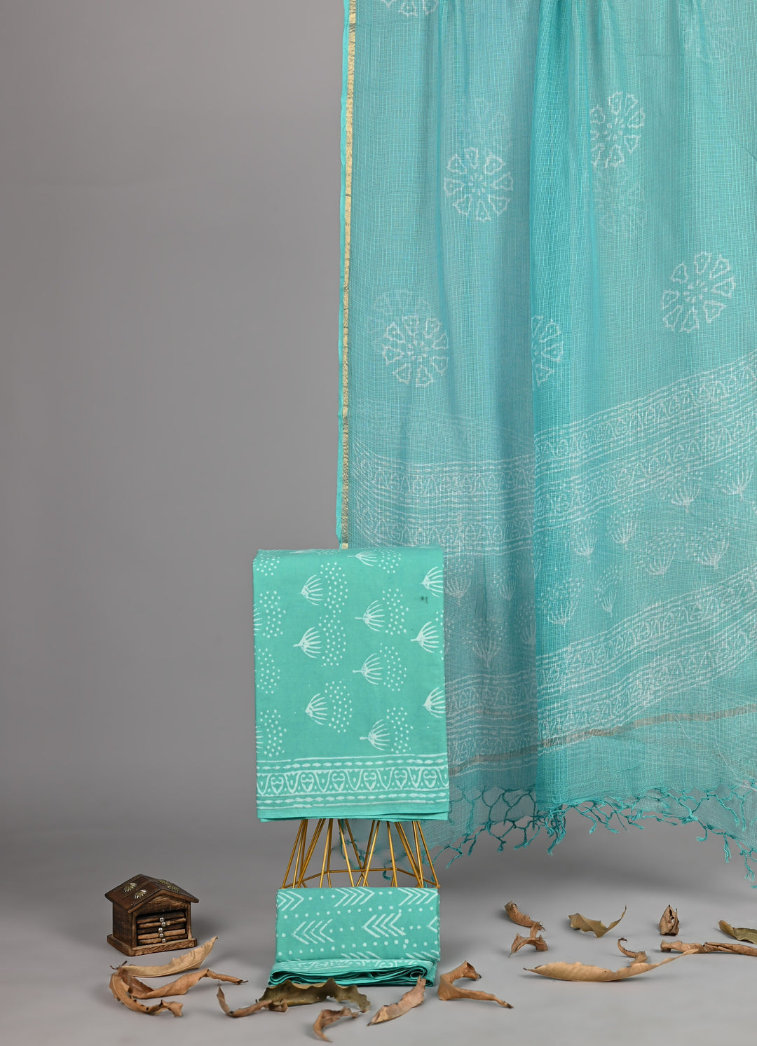 Teal Blue Handblock Cotton Suit with Kota Doria Dupatta – Premium 3 Piece
