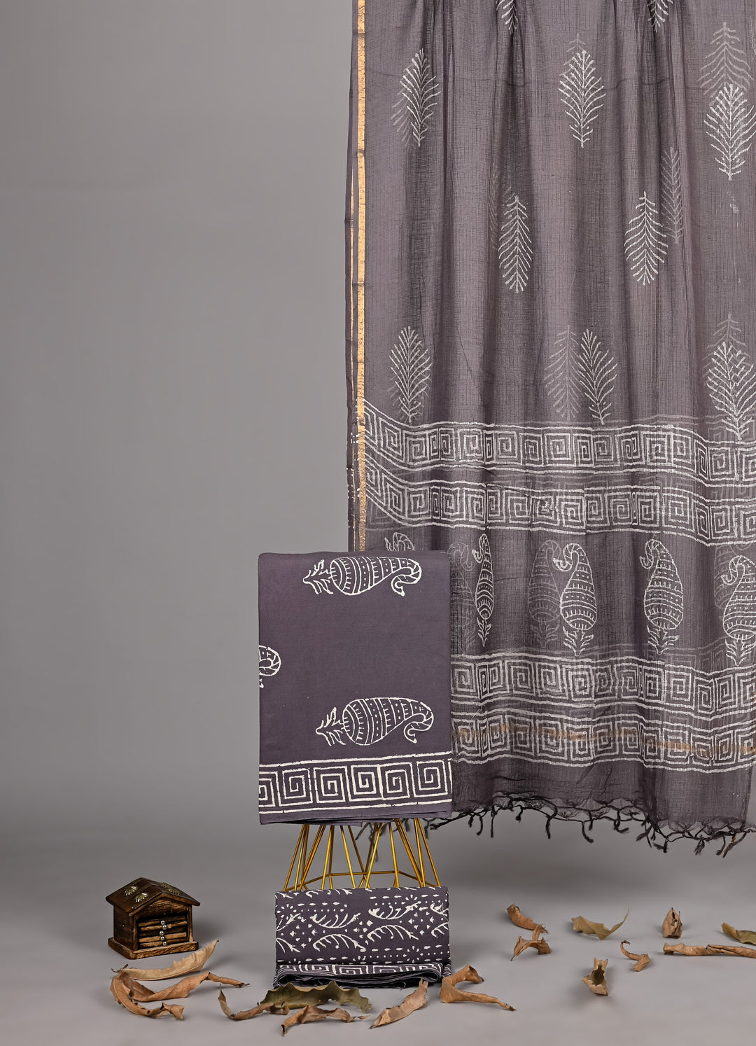 Dusty Brown Floral Handblock Cotton Suit with Kota Doria Dupatta