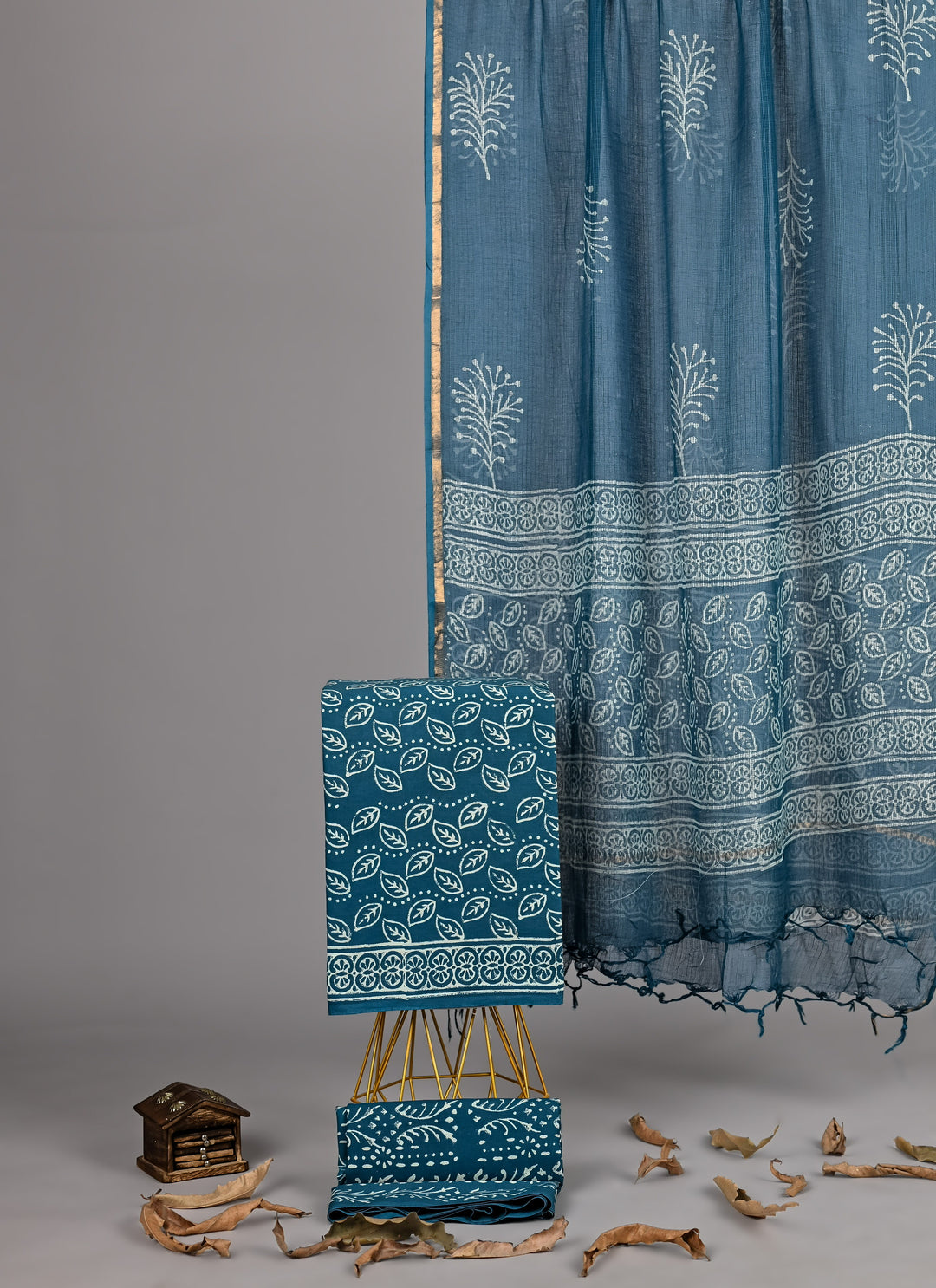 Sea Green Traditional Cotton Suit Set with Kota Doria Dupatta (Handblock Printed)