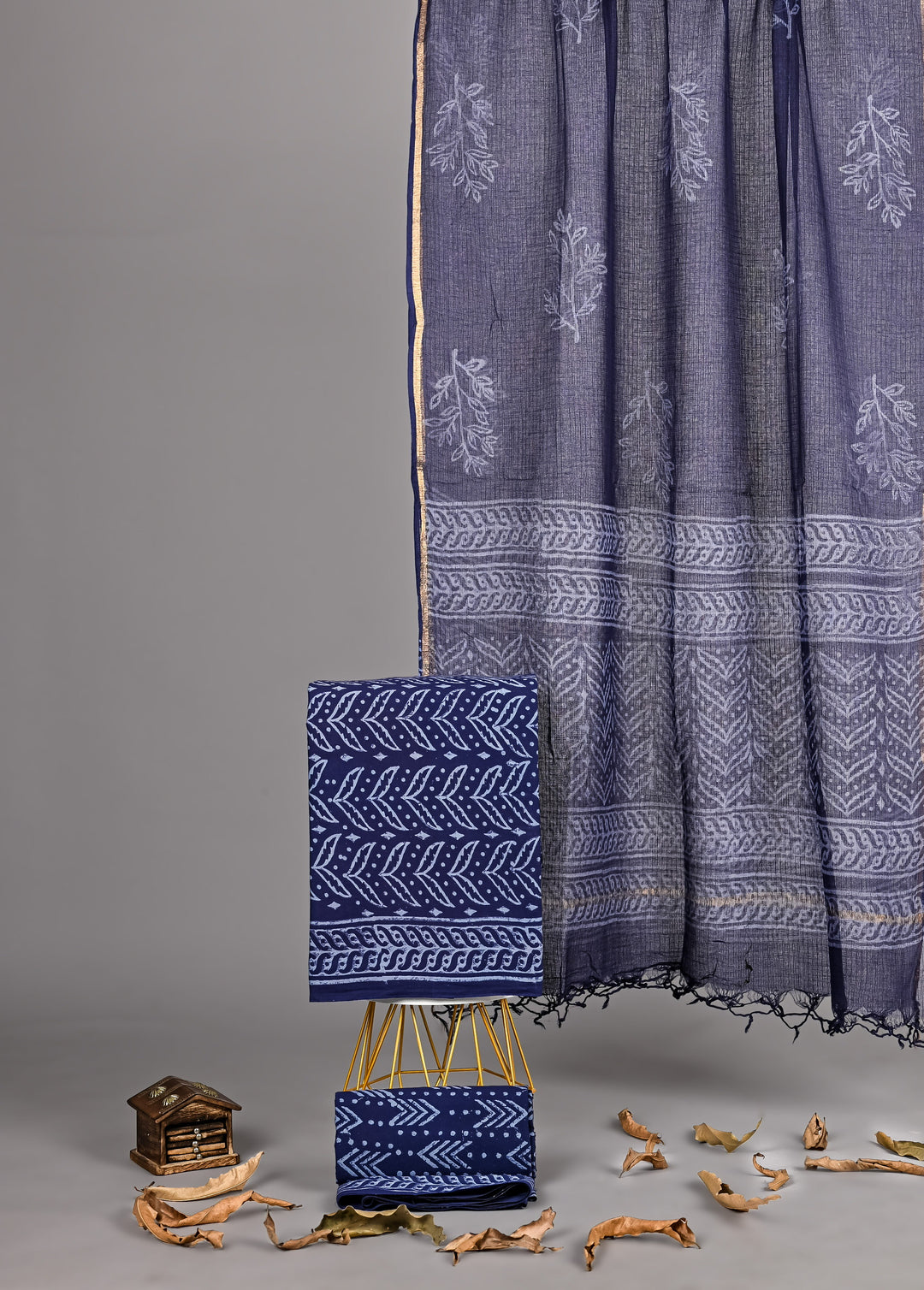 Classic Indigo Handblock Printed Cotton Suit Set with Kota Doria Dupatta