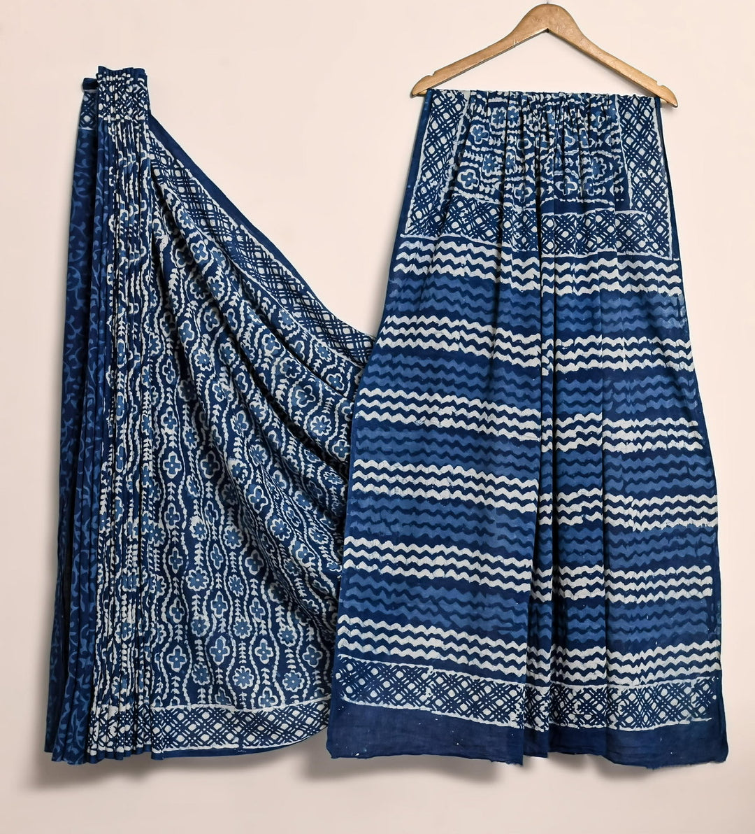 Oragnic Pure Cotton Mulmul Bagru Handblock print Saree with blouse - Indigo