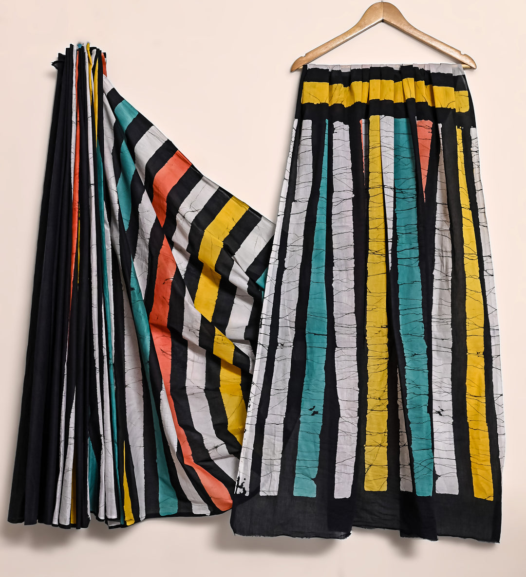 Batik Pure Cotton Mulmul Bagru Handblock print Saree with blouse - Multicolor