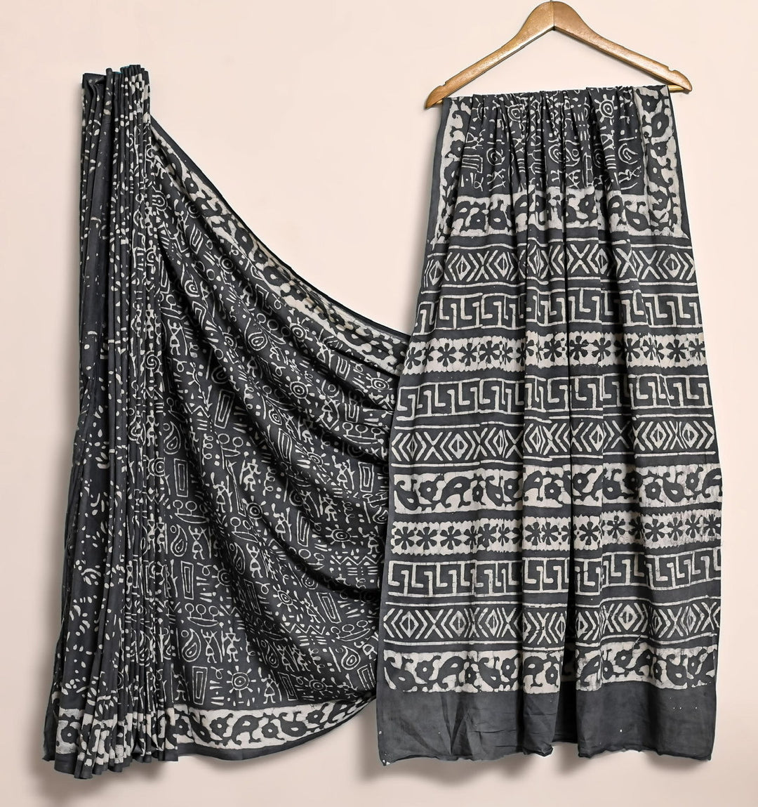 Pure Cotton Mulmul Bagru Handblock print Saree with blouse - Gray