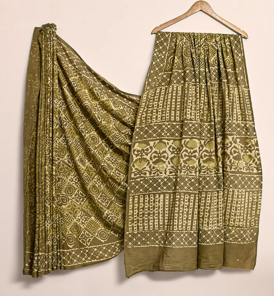 Pure Cotton Mulmul Bagru Handblock print Saree with blouse - Mehandi Green