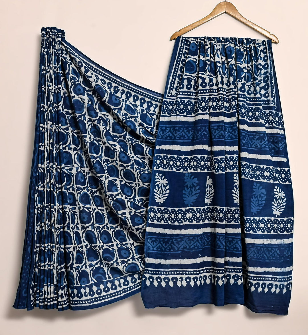 Pure Cotton Mulmul Bagru Handblock print Saree with blouse - Indigo Blue