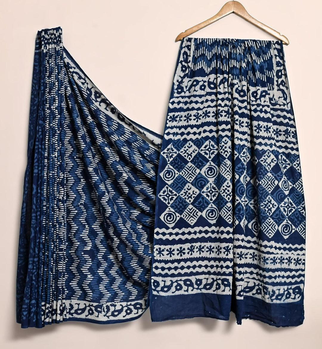 Zig Zag Pure Cotton Mulmul Bagru Handblock print Saree with blouse - Indigo