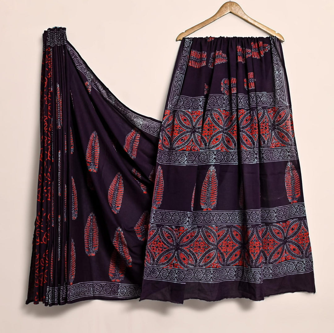 Ajrakh Pure Cotton Mulmul Bagru Handblock print Saree with blouse - Navy Blue