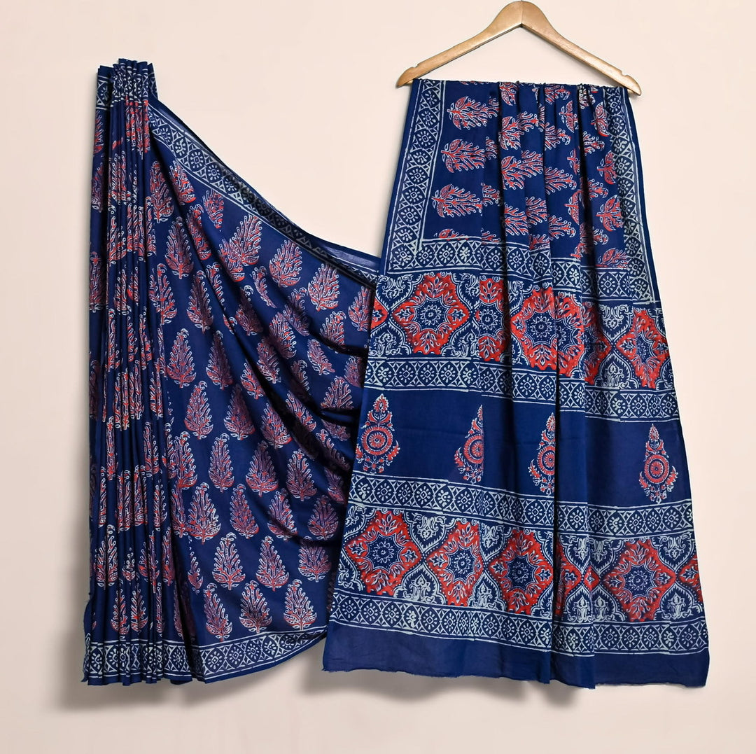 Barmeri Ajrakh Pure Cotton Mulmul Bagru Handblock print Saree with blouse