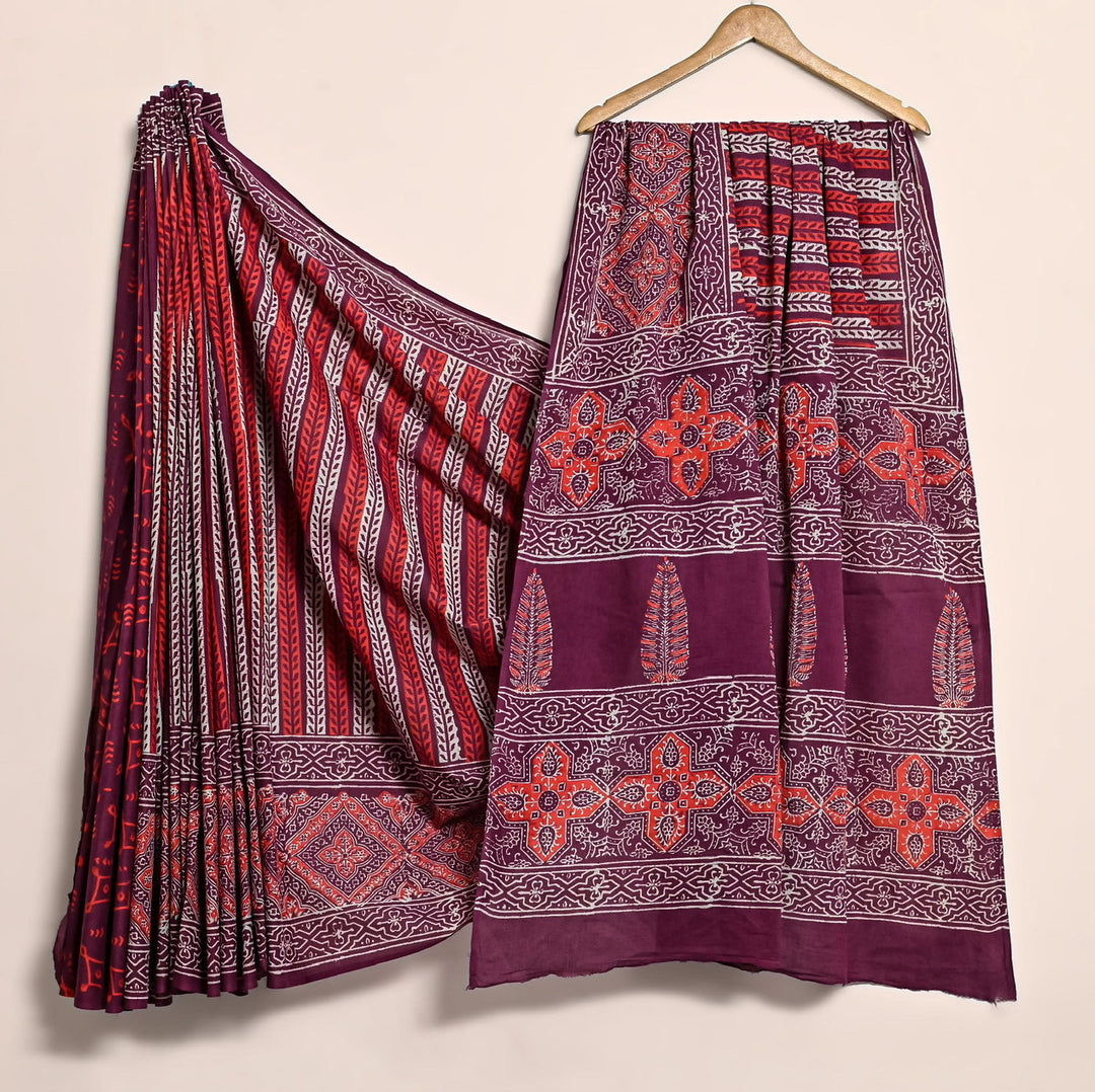 Ajrakh Pure Cotton Mulmul Bagru Handblock print Saree with blouse - Maroon