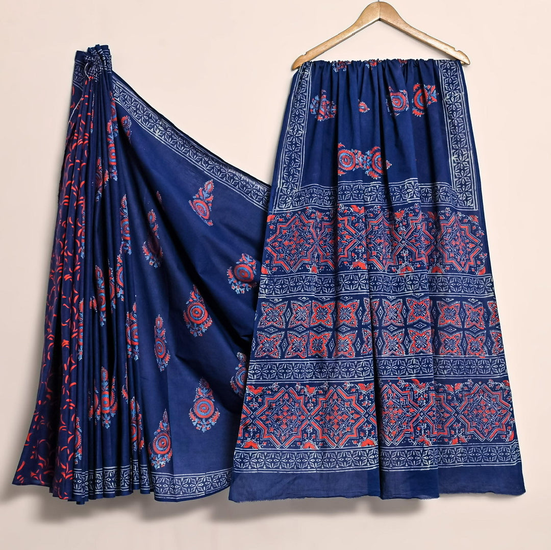 Ajrakh Pure Cotton Mulmul Bagru Handblock print Saree with blouse - Blue