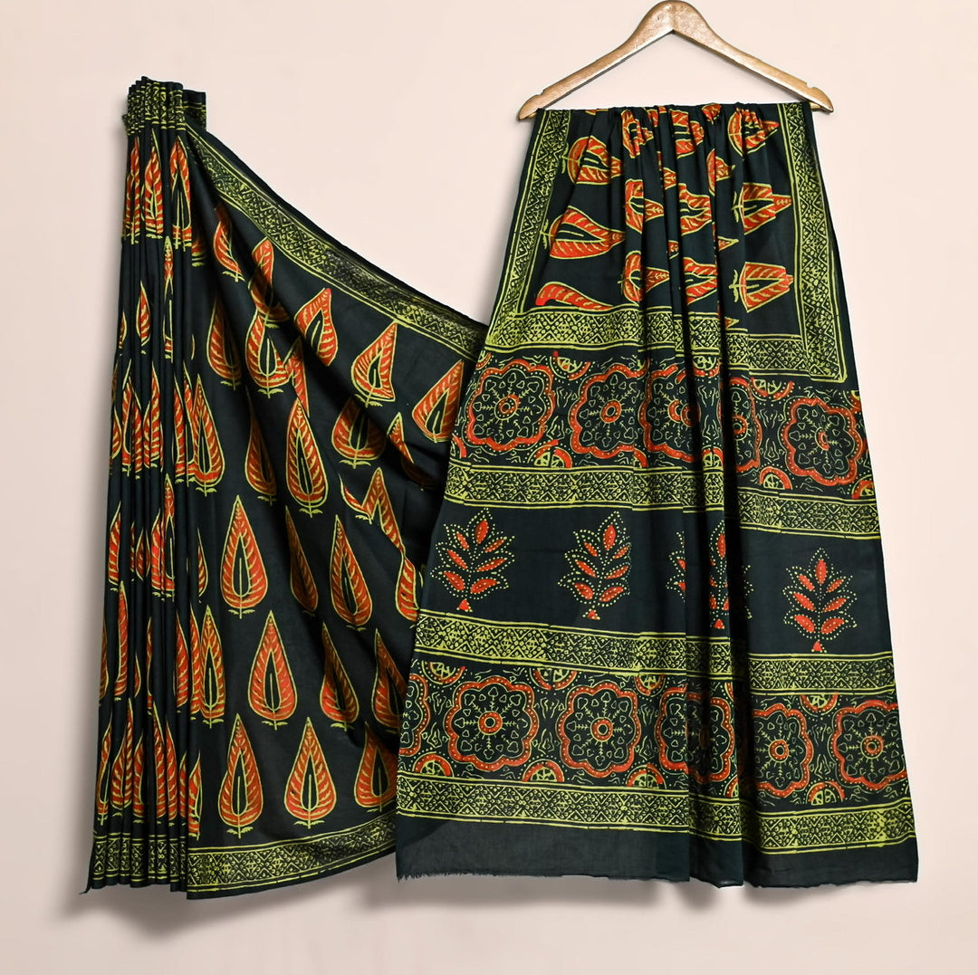 Ajrakh Pure Cotton Mulmul Bagru Handblock print Saree with blouse - Green